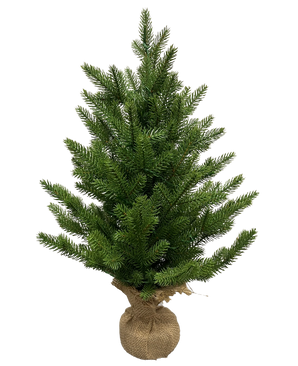Le sapin de Noël artificiel Mini "Munchi" 60 cm (100% PE) est un petit pin vert aux branches denses. Sa base est enveloppée de toile de jute et nouée avec de la ficelle et se tient debout sur un fond blanc uni.