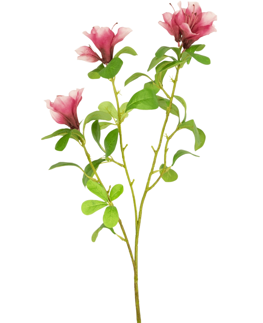 Une seule fleur artificielle Rhododendron Azalea de 73 cm, tige fuchsia avec trois fleurs roses épanouies et plusieurs feuilles vertes sur fond blanc.