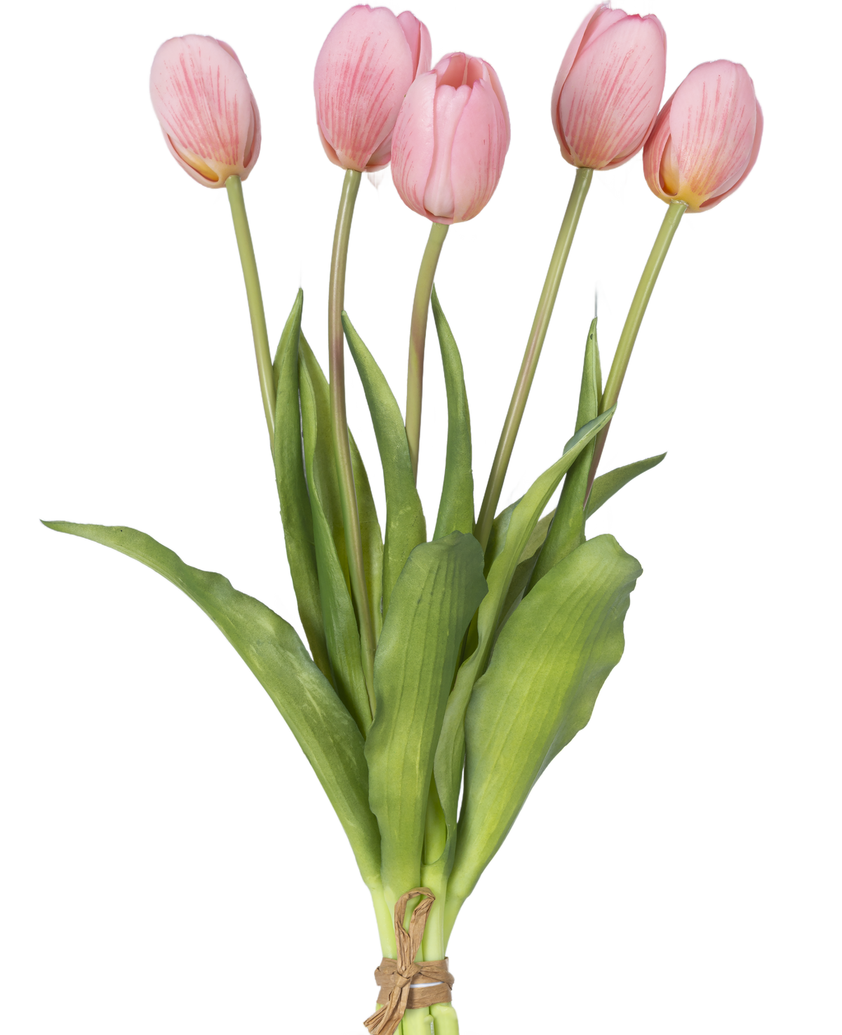 Un bouquet de tulipes artificielles Real Touch Rose 40 cm comprend cinq tulipes artificielles roses avec des feuilles vertes, attachées aux tiges avec une corde, représentées sur un fond blanc.