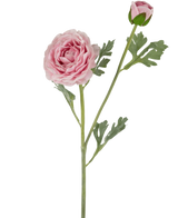 La Renoncule Artificielle Real Touch Rose 60 cm possède une tige unique avec une renoncule rose entièrement épanouie et un bourgeon fermé, accentué par des feuilles vertes profondément lobées, le tout sur un fond blanc.