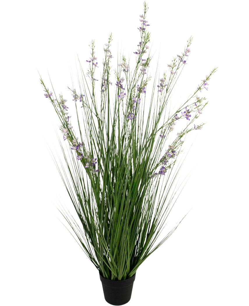 Le gazon artificiel millet-oignon bonsaï 120 cm ignifuge a de hautes et fines feuilles vertes ressemblant à de l'herbe et de longues tiges avec de délicates fleurs violettes dans un pot noir, sur un fond blanc.