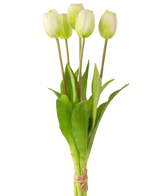 Le bouquet de tulipes artificielles Real Touch vert/blanc 40 cm comprend cinq tulipes blanches réalistes avec des tiges et des feuilles vertes, liées ensemble avec de la ficelle, sur un simple fond blanc.