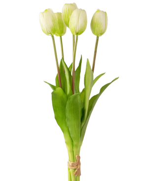Le bouquet de tulipes artificielles Real Touch vert/blanc 40 cm comprend cinq tulipes blanches réalistes avec des tiges et des feuilles vertes, liées ensemble avec de la ficelle, sur un simple fond blanc.