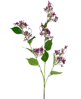 La Fleur Artificielle Hortensia Sauvage 86 cm violet possède une seule tige avec plusieurs bouquets de petites fleurs violettes et de feuilles vertes, isolées sur un fond blanc.