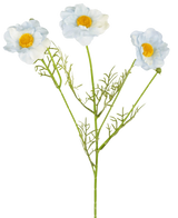 Le Collier Prêtre Artificiel Real Touch Bleu/blanc 50cm présente trois fleurs blanches au cœur jaune sur de longues tiges vertes et de fines feuilles, sur un fond blanc uni.