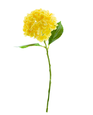 La Fleur Artificielle Charlotte Hortensia Real Touch Jaune 49 cm présente un seul hortensia jaune avec des feuilles vertes et une longue tige, sur un fond blanc uni.
