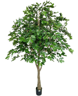 Le chêne artificiel de 270 cm a des feuilles vertes denses et un tronc brun épais dans un petit pot noir, sur un fond blanc - parfait comme arbre artificiel pour l'intérieur.