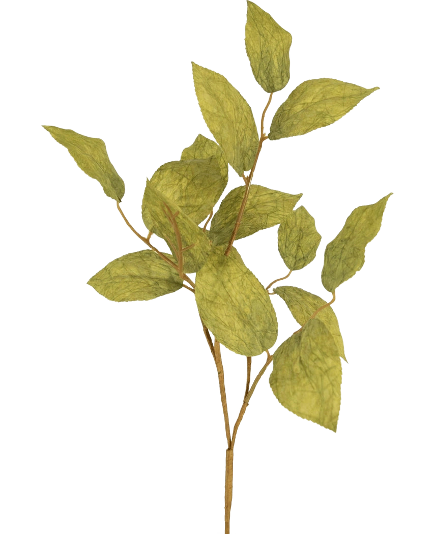 La branche artificielle feuille de pommier 70 cm présente plusieurs feuilles de soie vertes veinées sur de fines tiges, sur un fond uni et clair.
