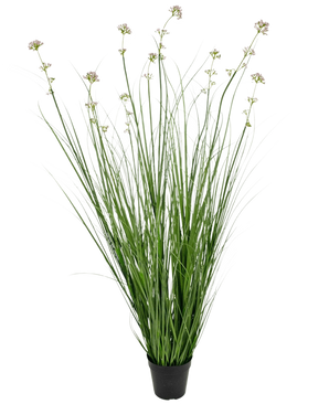 Le pot d'herbe artificielle de poireaux, de fleurs et d'oignons de 120 cm ignifuge a de longues feuilles vertes ressemblant à de l'herbe et de longues tiges avec des grappes de fleurs violet clair, parfaites pour ajouter une verdure réaliste à n'importe quel espace.