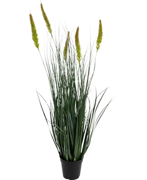 Le pot de gazon artificiel quenouille d'oignon de 90 cm ignifuge est une plante de gazon artificiel en pot avec de longues feuilles vertes minces et plusieurs têtes de graines hautes, jaune-vert sur un fond blanc uni.