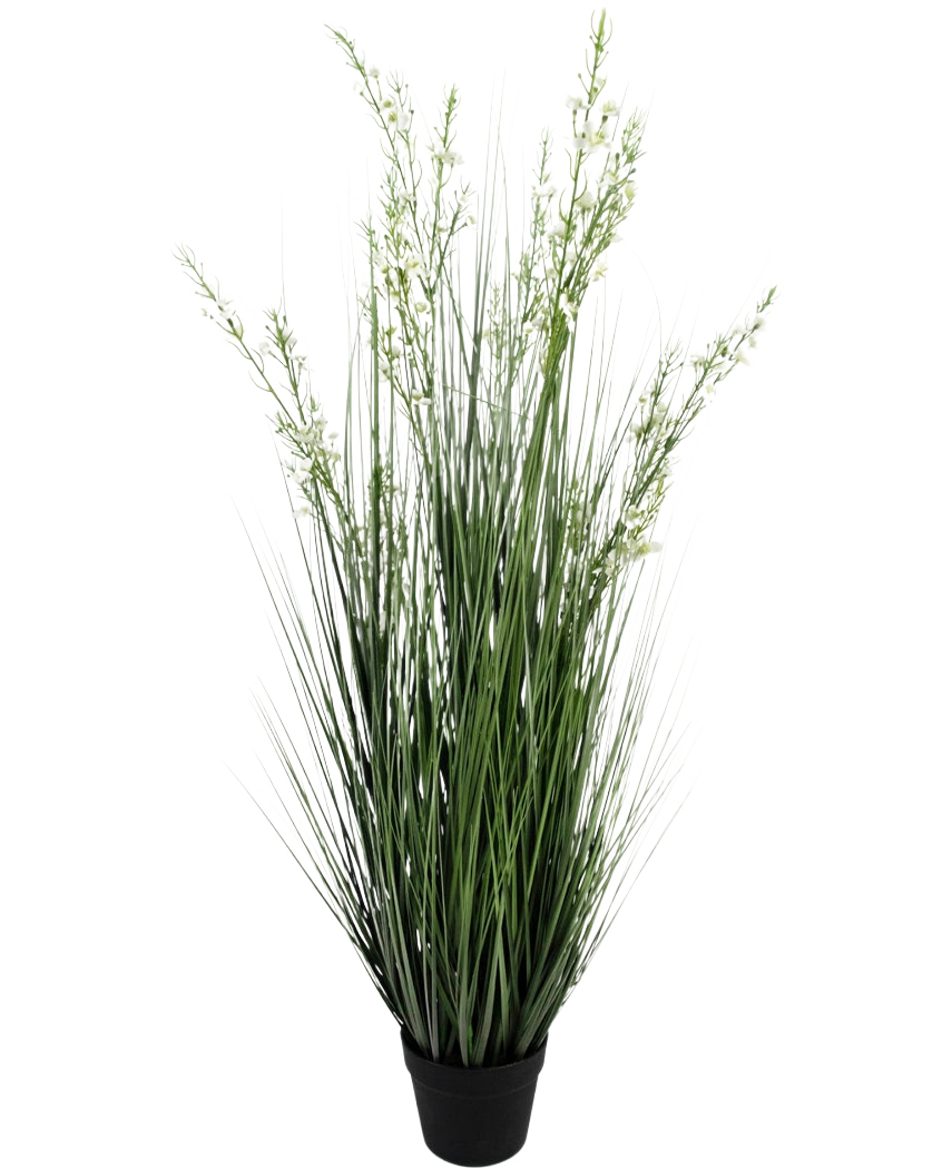 Le gazon artificiel millet-oignon bonsaï 120 cm ignifuge présente des brins verts hauts et élancés et de petites fleurs blanches dans un simple pot noir, sur un fond blanc uni.