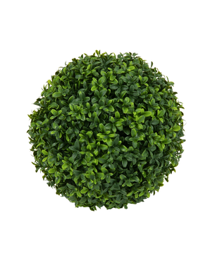 Vue de dessus de la Plante Artificielle Buis style romain UV D30cm, une boule de buis artificiel ronde et dense aux feuilles vertes, sur un fond uni blanc.