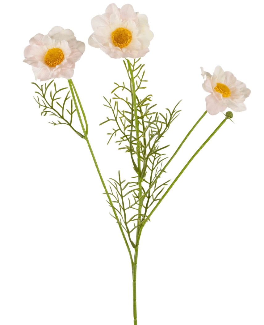 Le collier de roses artificielles Real Touch Blanc/Rose 50 cm comporte trois fleurs artificielles rose clair et blanches avec des cœurs jaunes et de délicates feuilles vertes sur de longues tiges, magnifiquement présentées sur un fond blanc uni.