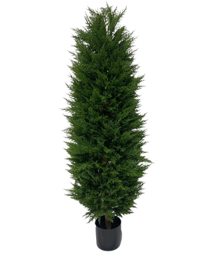La Plante Artificielle Conifère UV 180 cm est un arbre artificiel à feuilles persistantes haut et étroit avec des feuilles denses vert foncé, représentées sur un fond blanc.
