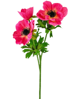 La fleur artificielle Anémone ramifiée 56 cm rose a une seule tige verte avec trois fleurs d'anémone rose vif au cœur sombre et aux pétales délicats et rugueux, ainsi que des feuilles vertes, sur un fond blanc uni.
