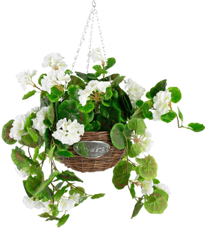 Le Bégonia Artificiel Blanc en Panier UV 70 cm présente des feuilles vertes et des fleurs de bégonia blanches dans un panier en osier avec une chaîne en métal, sur un fond blanc uni.