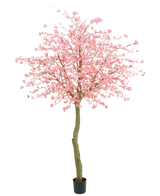 L'Arbre Artificiel Fleur de Cerisier Rose 330 cm possède un tronc marron courbé et d'abondantes fleurs roses sur un fond uni blanc.