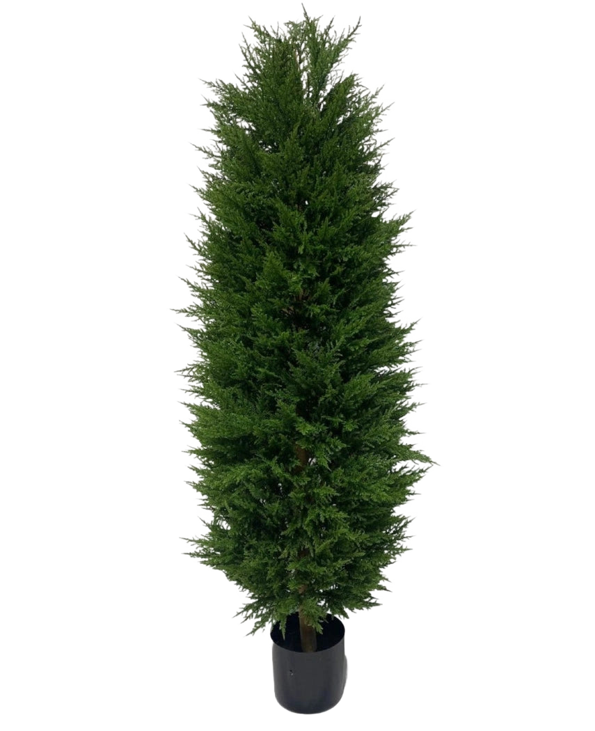 La Plante Artificielle Conifère UV 180 cm est un arbre artificiel à feuilles persistantes haut et étroit avec des feuilles denses vert foncé, représentées sur un fond blanc.