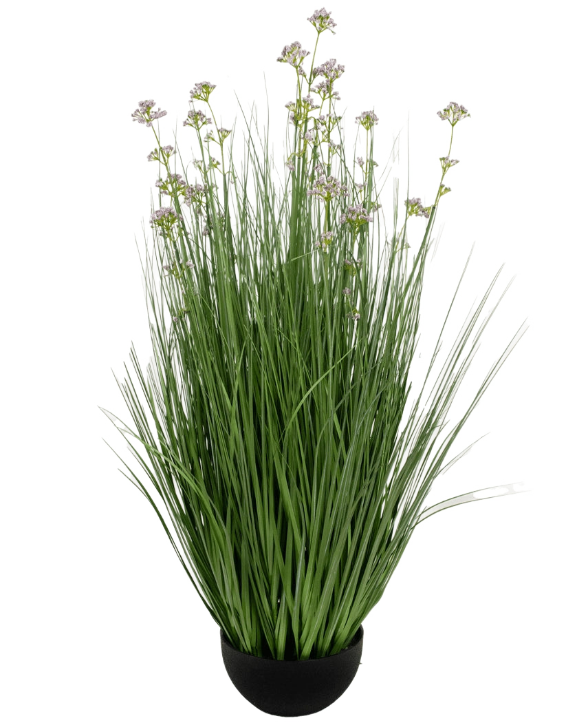 Le gazon artificiel poireau fleur oignon herbe pot 100 cm ignifuge a un pot noir avec de hautes et fines feuilles artificielles vertes et de petites fleurs violettes sur de longues tiges, sur un fond blanc.