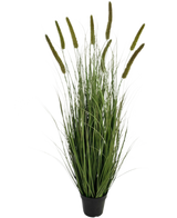 Le gazon artificiel Cattail Onion Grass Pot 120 cm ignifuge est une herbe ornementale dans un pot avec de longues et fines lames vertes et plusieurs têtes de graines hautes et verticales, sur un fond blanc uni.
