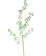 Une seule tige d'orchidée branche artificielle de 80 cm en turquoise a plusieurs petites fleurs et bourgeons artificiels, sur un fond blanc uni.