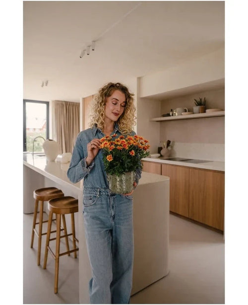 Une femme aux cheveux blonds bouclés, vêtue d'une chemise en jean et d'un jean, se tient dans une cuisine moderne avec dans ses mains une marguerite artificielle UV de 31 cm avec des fleurs orange vif. À côté d’elle se trouvent deux tabourets en bois près de l’îlot de cuisine.