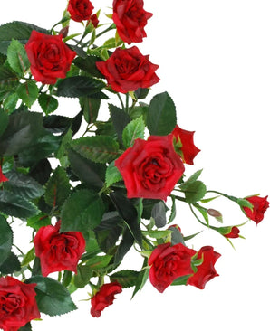 Une rose de terrasse artificielle de 35 cm, en rouge/noir, avec des roses rouges réalistes et vibrantes avec des feuilles vertes sur les tiges, sur un fond blanc.
