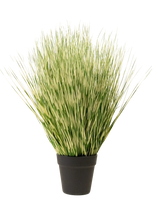 Le gazon artificiel Zebra 55 cm a de longues et fines feuilles panachées de vert et de blanc ressemblant à de l'herbe dans un simple pot noir, sur un fond blanc uni.