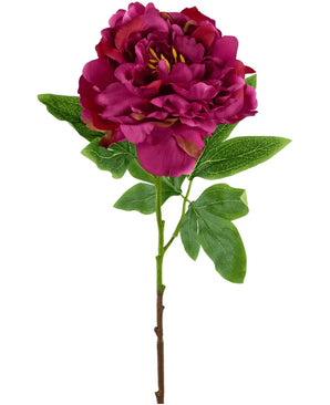 La fleur artificielle pivoine 61 cm rose est une fleur artificielle simple en forme de pivoine rose foncé avec des pétales superposés et des feuilles vertes sur une tige marron, représentée sur un fond blanc.