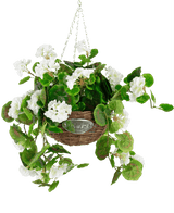 Bégonia artificiel blanc dans un panier UV 70 cm