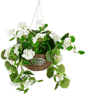 Bégonia artificiel blanc dans un panier UV 70 cm