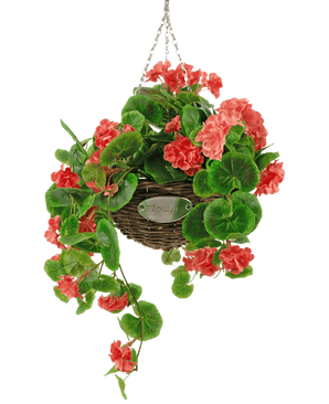 Bégonia artificiel rose dans un panier UV 70 cm