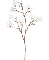 De Kunsttak Magnolia kleinbloemig 89 cm wit heeft een enkele bruine tak met verschillende uitlopers, met meerdere open witte bloemen met een lichtroze hart en kleine groene bladeren, tegen een effen witte achtergrond.