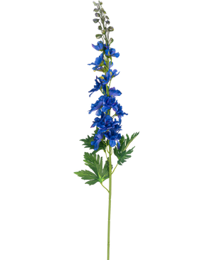 Een enkele stengel Kunstbloem Delphinium 79 cm blauw met blauwe bloemen en groen gedeeld blad, tegen een effen witte achtergrond.