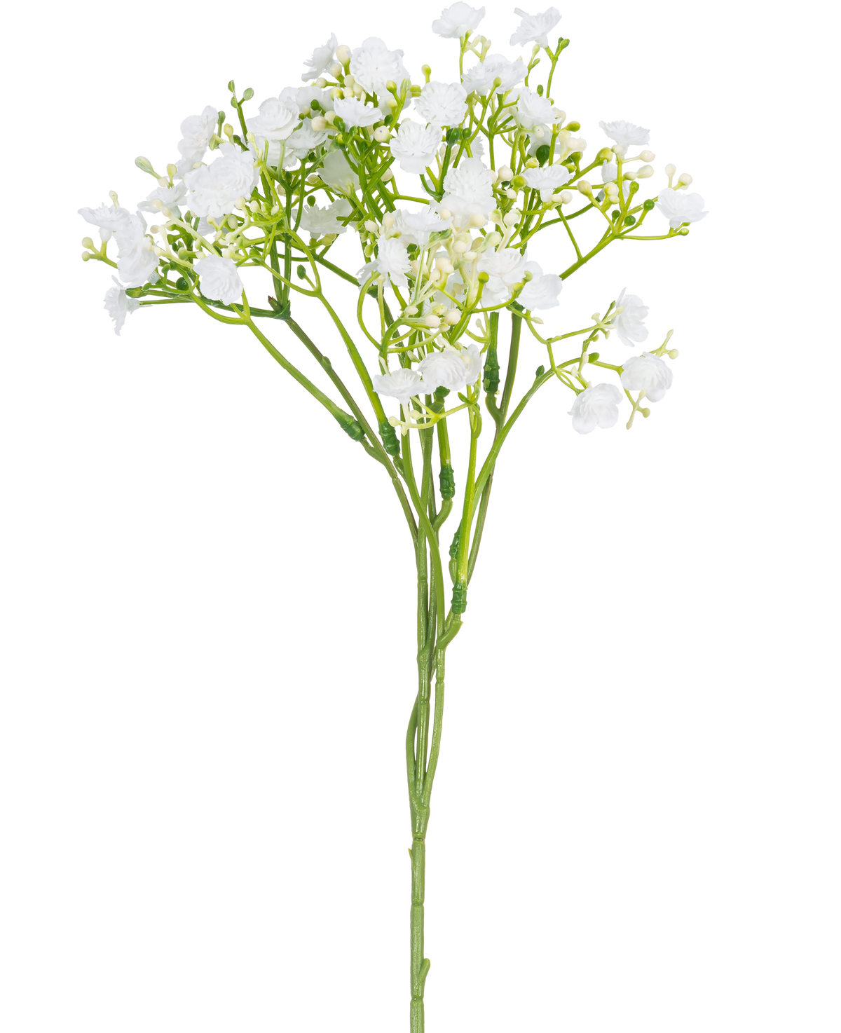 Une seule branche artificielle de Baby's Breath mesurant 46 cm avec de petites fleurs blanches délicates et des tiges vertes sur un fond blanc uni.