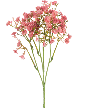 De Kunsttak Gipskruid 48 cm vintage roze heeft een enkele groene steel met meerdere dunne takken, elk versierd met trosjes kleine, ronde roze bloemen, alles tegen een effen witte achtergrond.