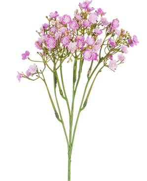 De Kunsttak Gipskruid 46 cm roze heeft delicate roze gipskruidbloemen met kleine, ronde bloemblaadjes op dunne groene stelen, tegen een witte achtergrond.