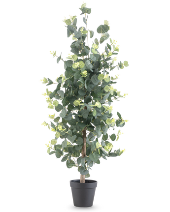 Kunstplant Eucalyptus 91 cm met ronde groene bladeren en kleine gele accenten in een zwarte pot, afgebeeld tegen een effen witte achtergrond.