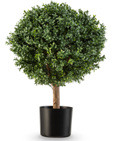 Le Buis Artificiel sur Tige Style Romain UV 65 cm a une forme ronde et verte luxuriante avec un feuillage dense dans un simple pot noir, parfait pour ajouter de l'élégance sur un fond blanc.