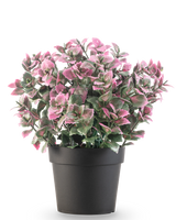 La Plante artificielle Eucalyptus violet en pot UV 22 cm présente des feuilles d'eucalyptus violettes dans un pot sombre, sur un fond uni blanc.