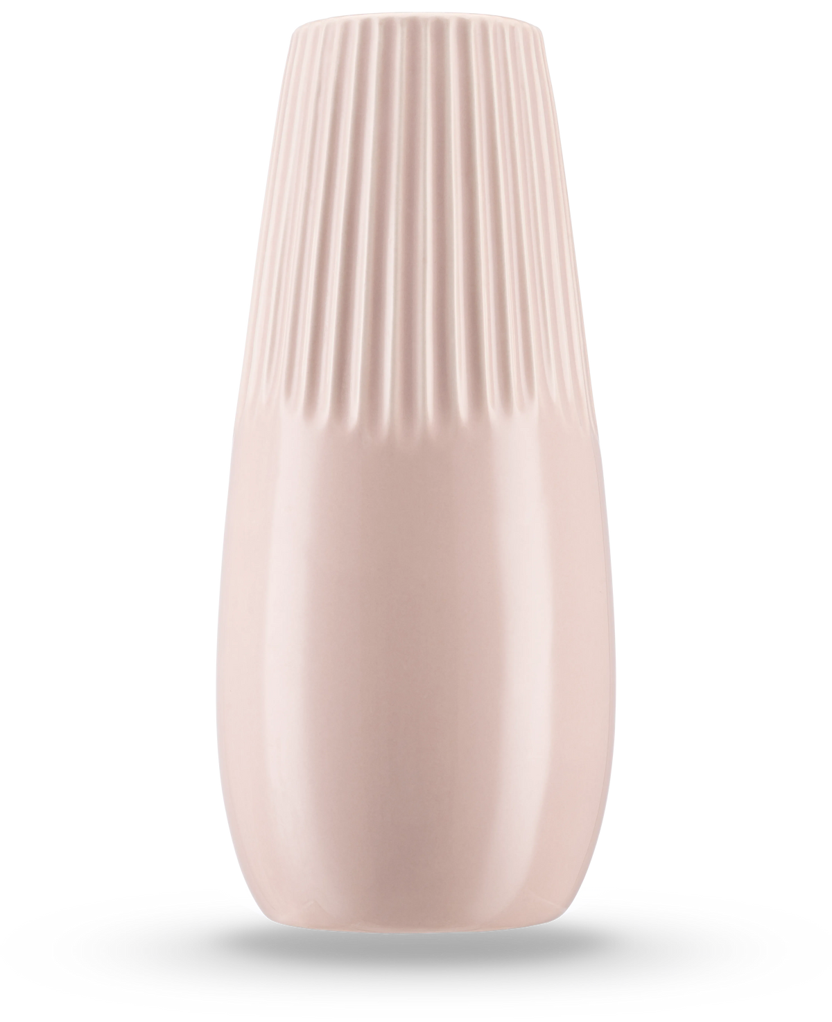 Le Vase Dew 25 cm rose est un vase en céramique rose clair avec une finition brillante, des nervures verticales sur la moitié supérieure et un fond lisse - parfait pour contenir des fleurs en soie.