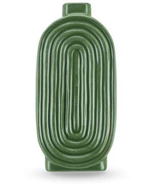 De Vaas Breaths 24 cm groen heeft een ovale, geribbelde vorm en een kleine opening bovenaan, ideaal als keramieken vaas voor kunstbloemen. Staat rechtop op een lichte achtergrond.