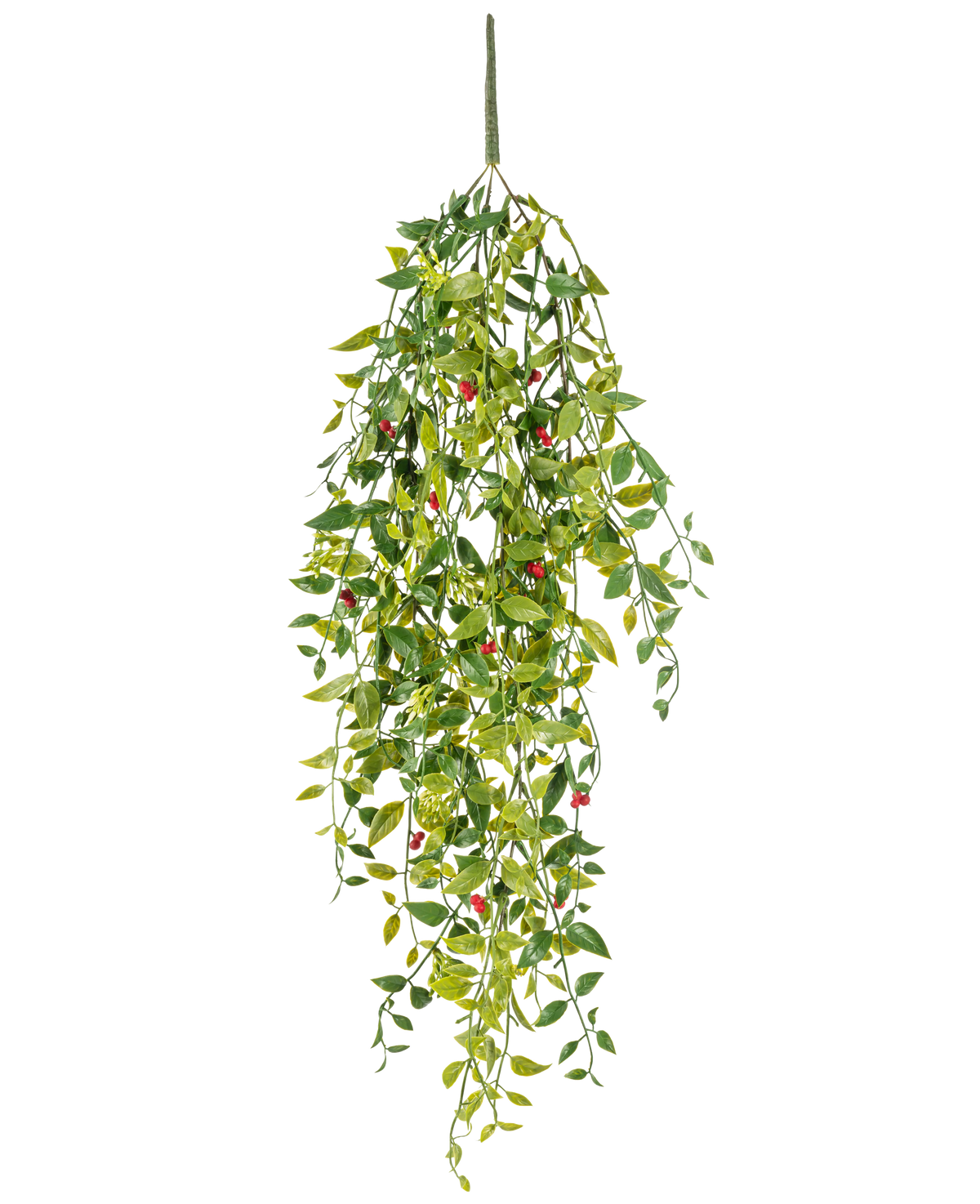 La plante artificielle suspendue Gardenia aux baies 81 cm est une plante artificielle suspendue avec des feuilles vertes et de petites baies rouges, représentées sur un fond blanc.