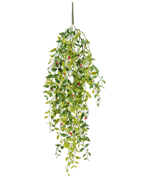 De Kunst hangplant Gardenia met besjes 81 cm is een kunstmatige hangplant met groene bladeren en kleine rode besjes, afgebeeld tegen een witte achtergrond.