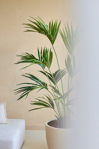 Een Kunstplant Kentia Palm 180 cm staat naast een wit gestoffeerde bank tegen een beige muur, met de rechterkant van het beeld gedeeltelijk verborgen door een mat of onscherp gedeelte.