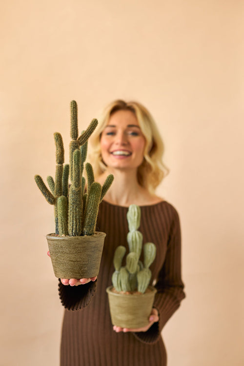 Une femme souriante vêtue d'une robe marron tient deux plantes en pot artificielles Cactus Cereus de 35 cm, une grande et une petite, sur un fond beige uni.