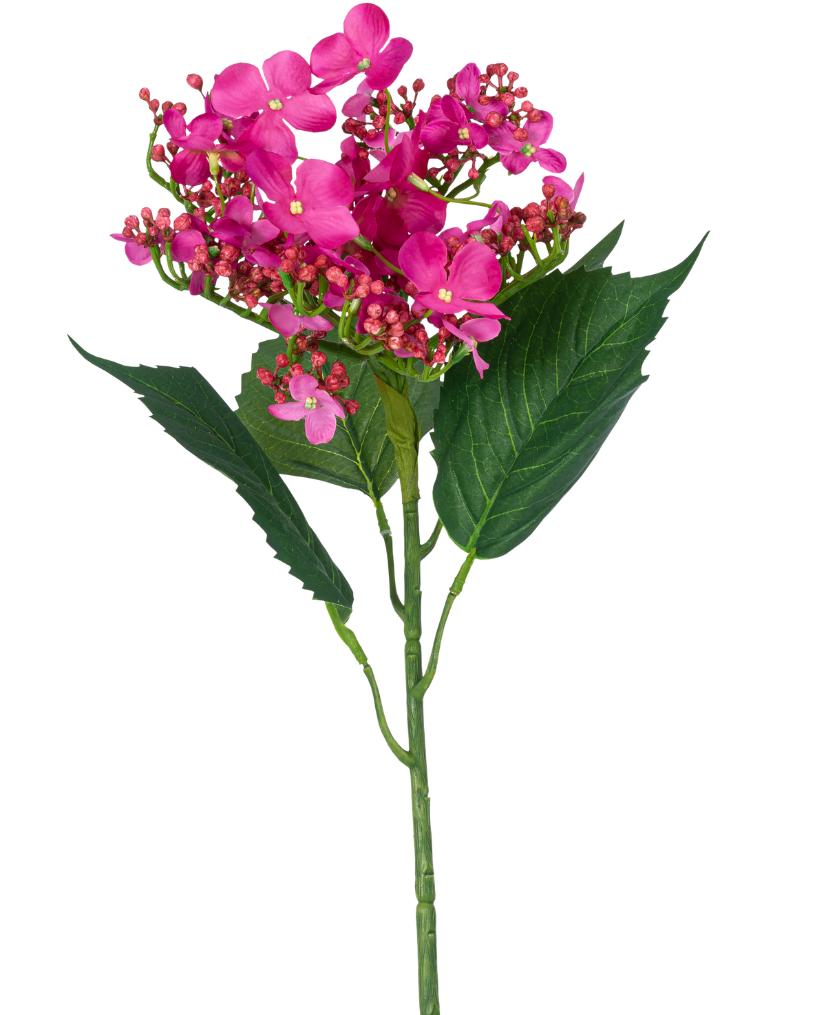 Un hortensia papillon à fleur artificielle unique, de 72 cm de haut, avec des fleurs artificielles rose vif et des feuilles vertes, sur un fond blanc.