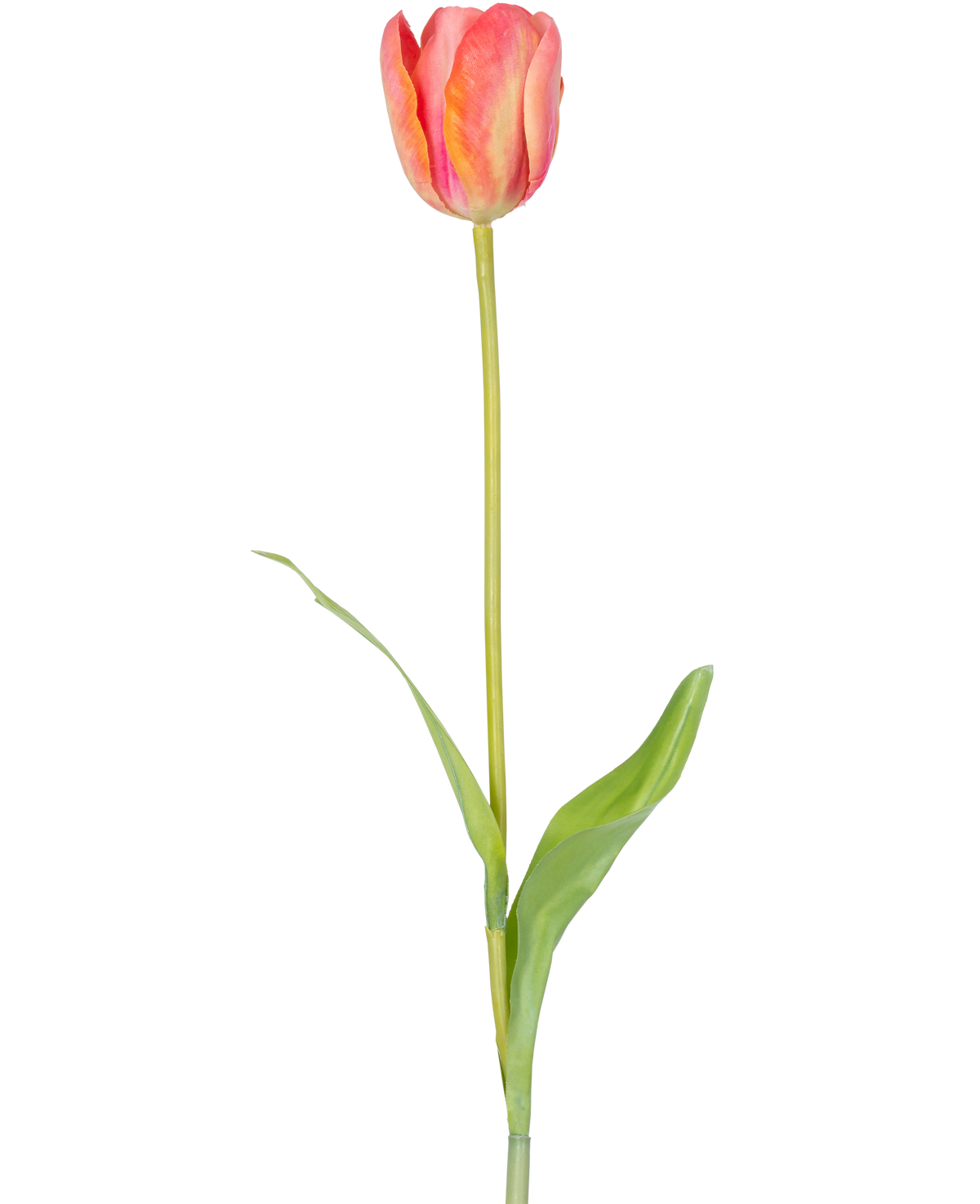 Une seule fleur artificielle tulipe française de 63 cm orange avec une longue tige verte et deux feuilles vertes, isolée sur fond blanc.
