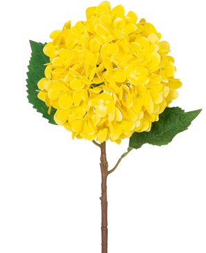 De Kunstbloem Hortensia Real Touch geel 58 cm heeft een enkele gele hortensia met gelaagde bloemblaadjes, twee grote groene bladeren en een bruine steel, tegen een effen witte achtergrond.