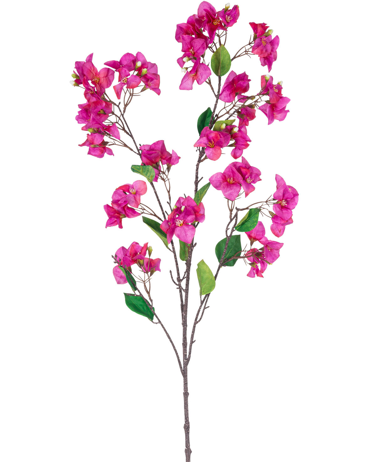 Une branche violette de bougainvilliers artificiels de 120 cm avec plusieurs bouquets de fleurs violettes vibrantes et de feuilles vertes sur un fond blanc.
